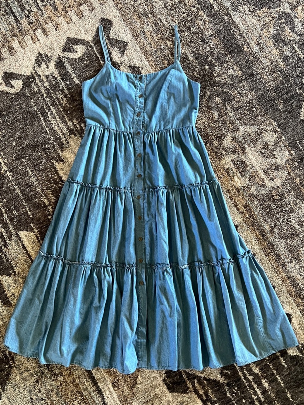 Tiered Blue Button-Front Midi Dress